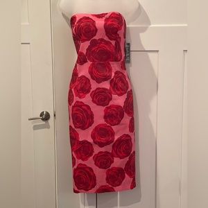 Rose print strapless sheath dress